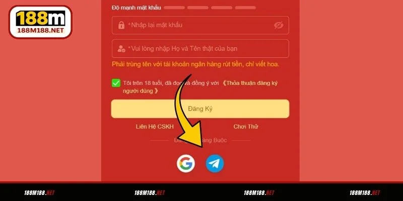 Đăng ký 188M bằng Google, Telegram