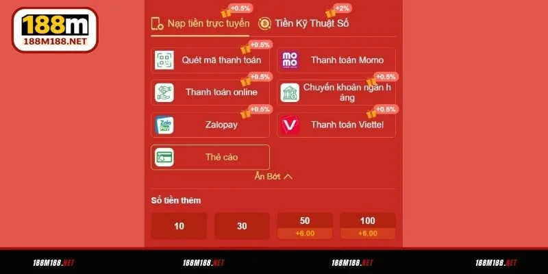 Nạp tiền 188M trực tuyến qua 7 cách